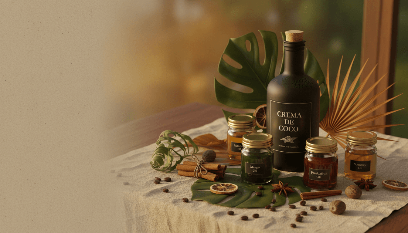 A curated Caribbean gift set with bottles, oils, and tropical leaves on a linen table