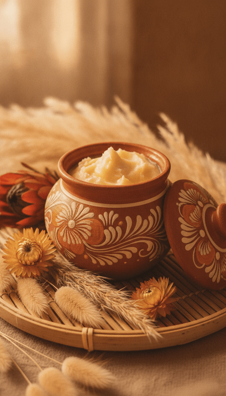 Ceramic jar of shea butter with dried flowers