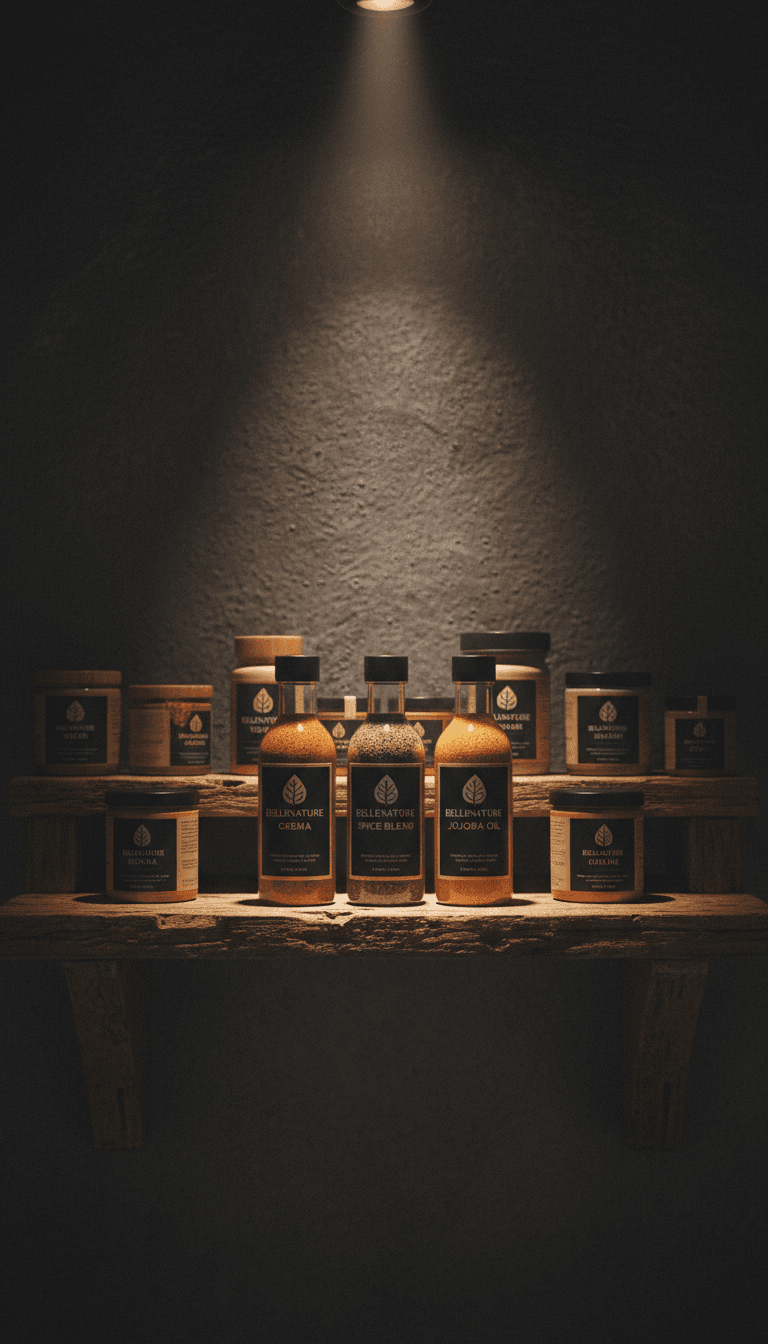 Collection of products on rustic shelf