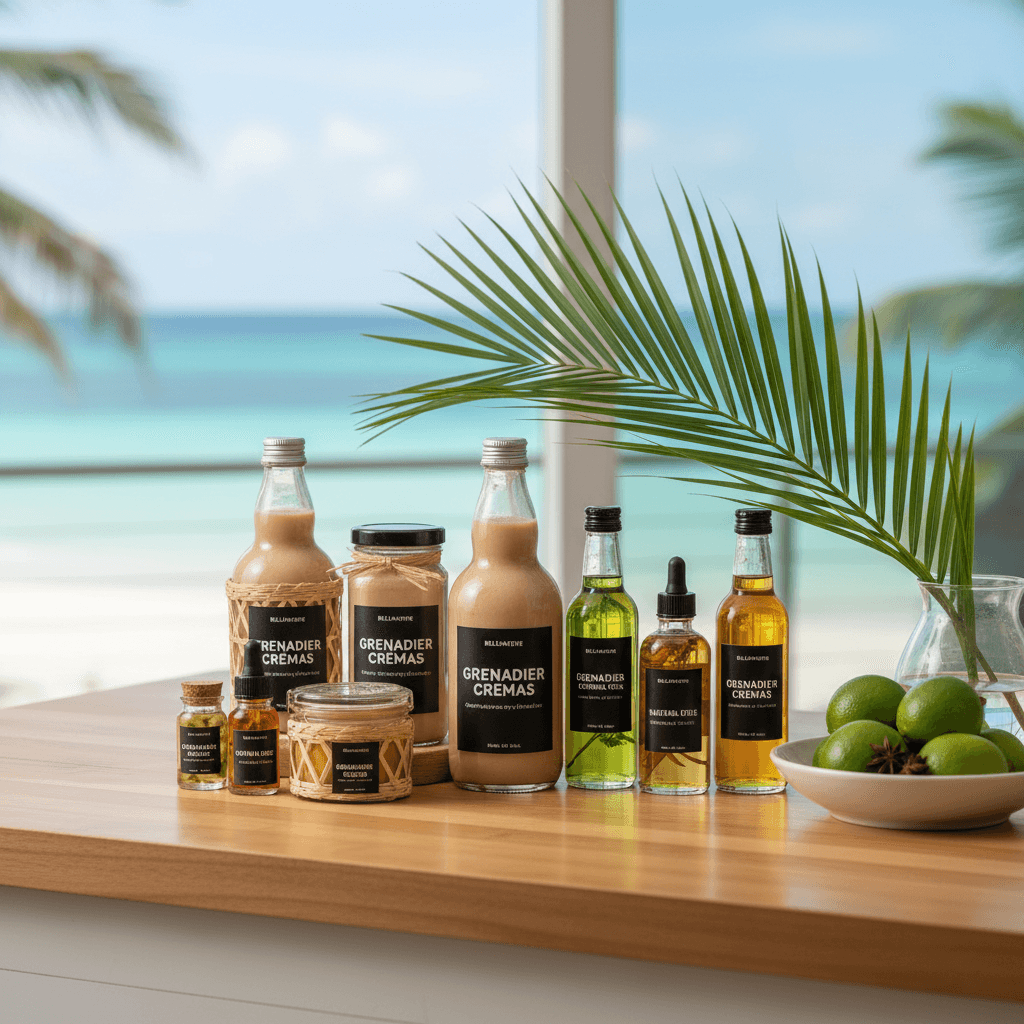 Selection of Caribbean products from BELLENATURE on a modern kitchen counter with tropical accents.