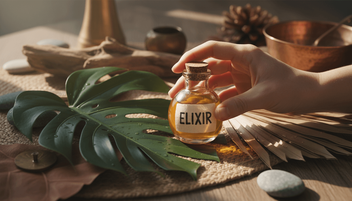 Hand holding a small bottle of natural oil among tropical leaves
