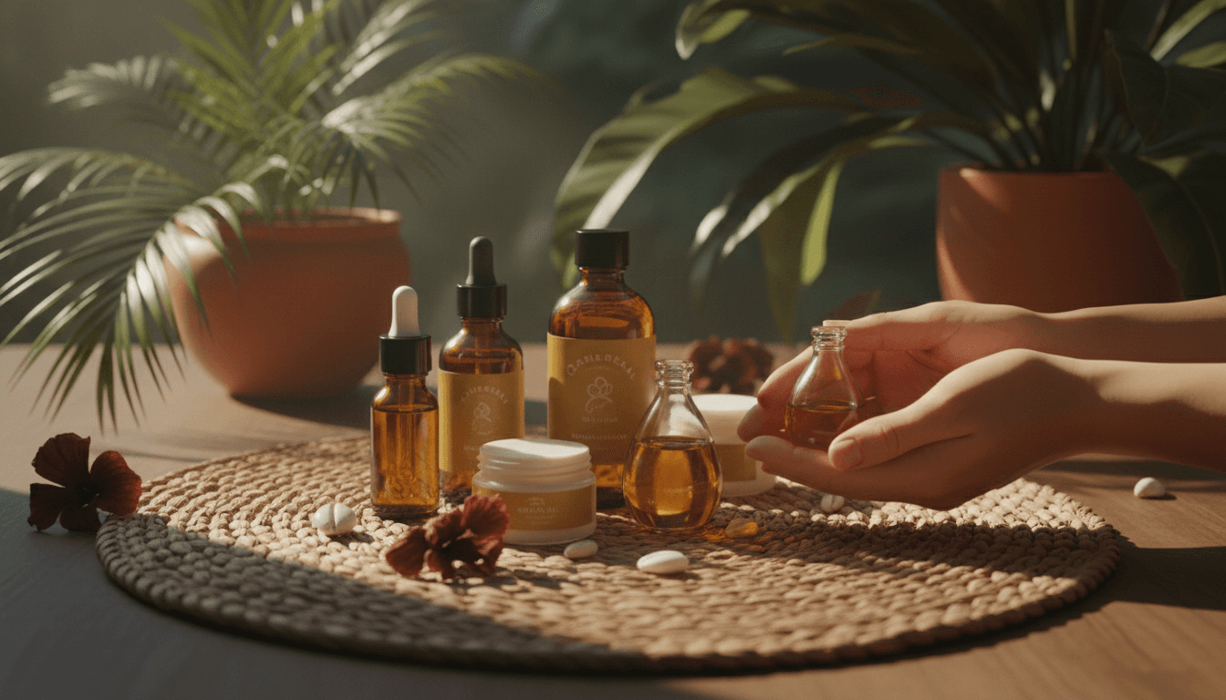 Natural Caribbean beauty products arranged on a woven straw mat with soft morning light