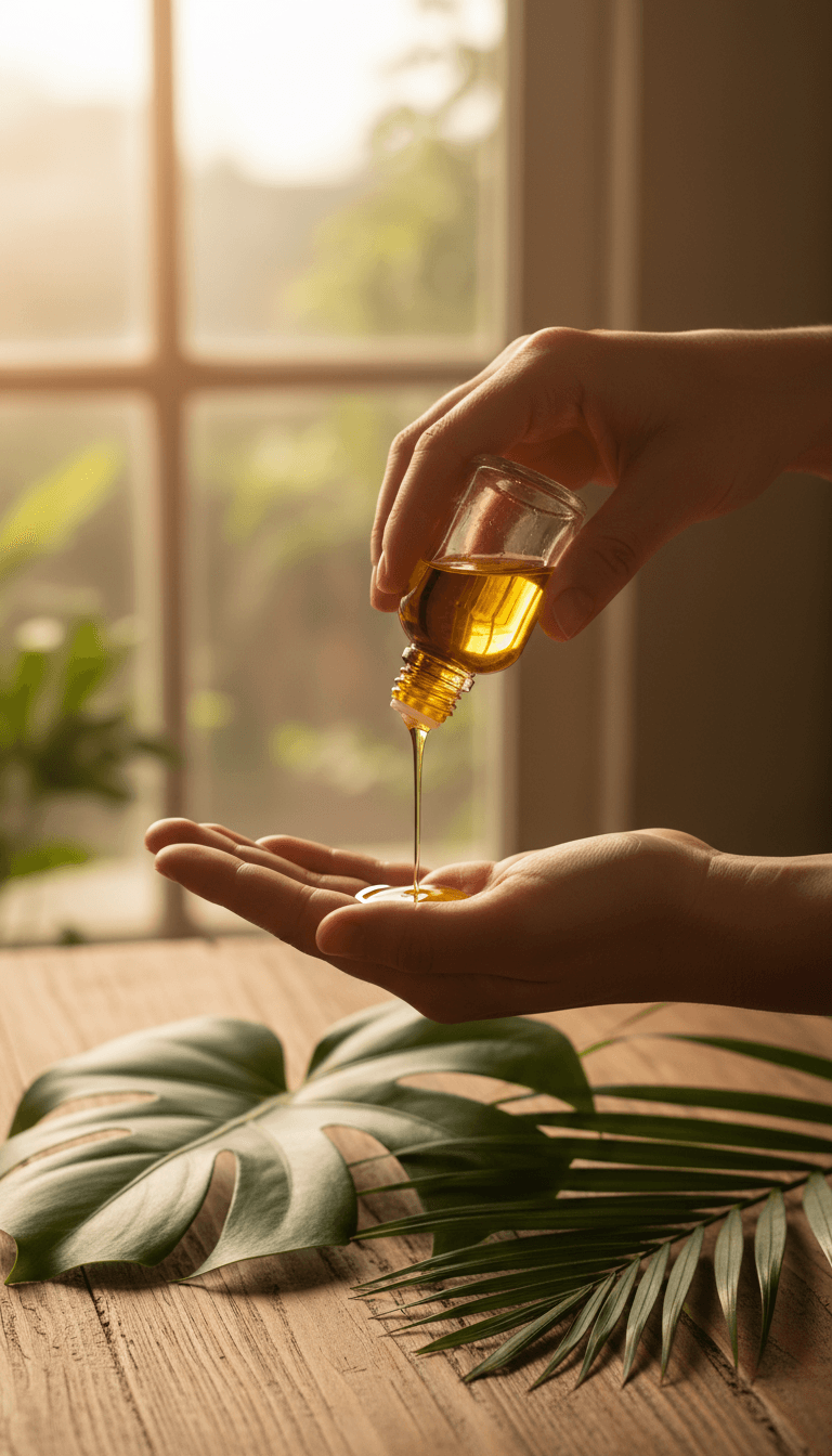Pouring natural oil from a small glass bottle over a wooden table
