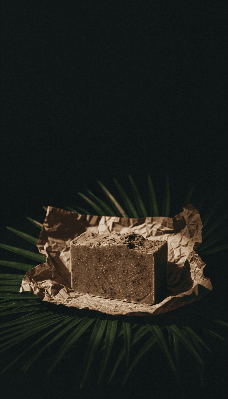 Artisan soap bar on palm leaves