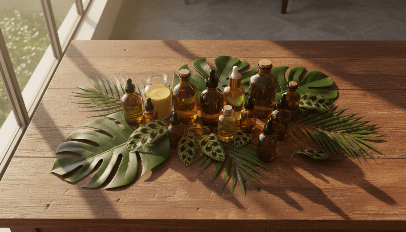 Amber glass bottles of crema and natural oils arranged on a wooden table with tropical leaves