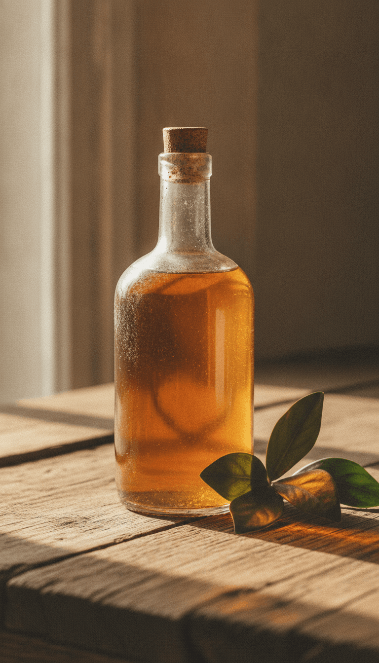 Signature crema liqueur bottle with tropical leaves