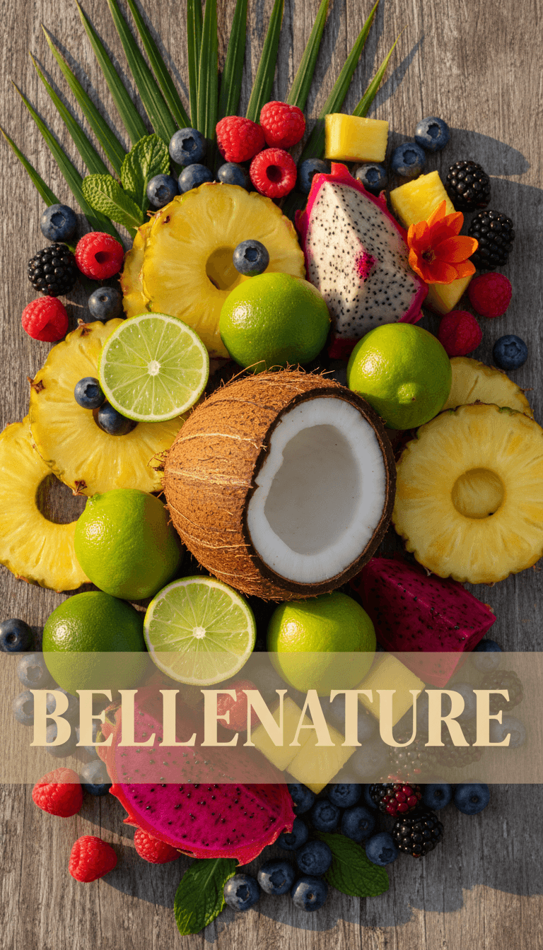 Fresh tropical ingredients like coconuts, limes, pineapple, dragon fruit, and berries on wood