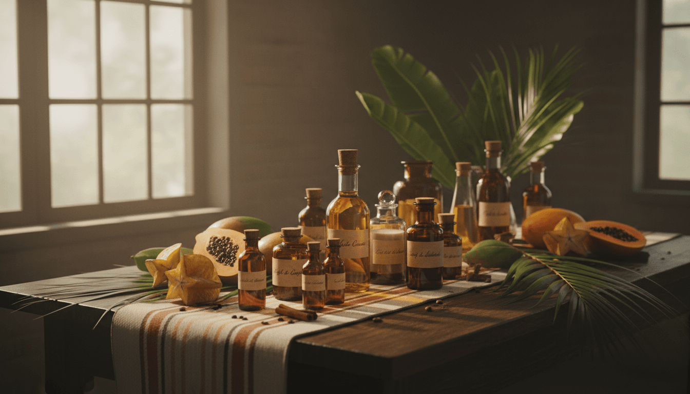 Assorted BELLENATURE product bottles and Caribbean goods arranged on a rustic table