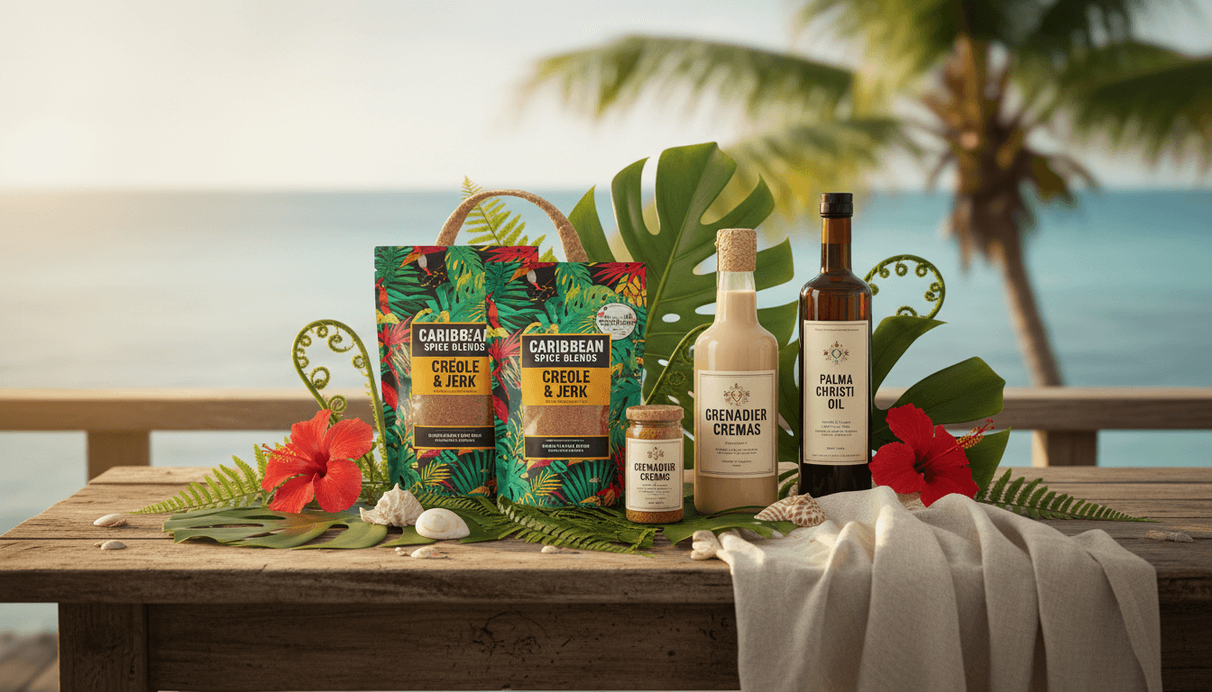 Caribbean bundle with Creole and Jerk spices, Cremas drink, and Palma Christi Oil on rustic table