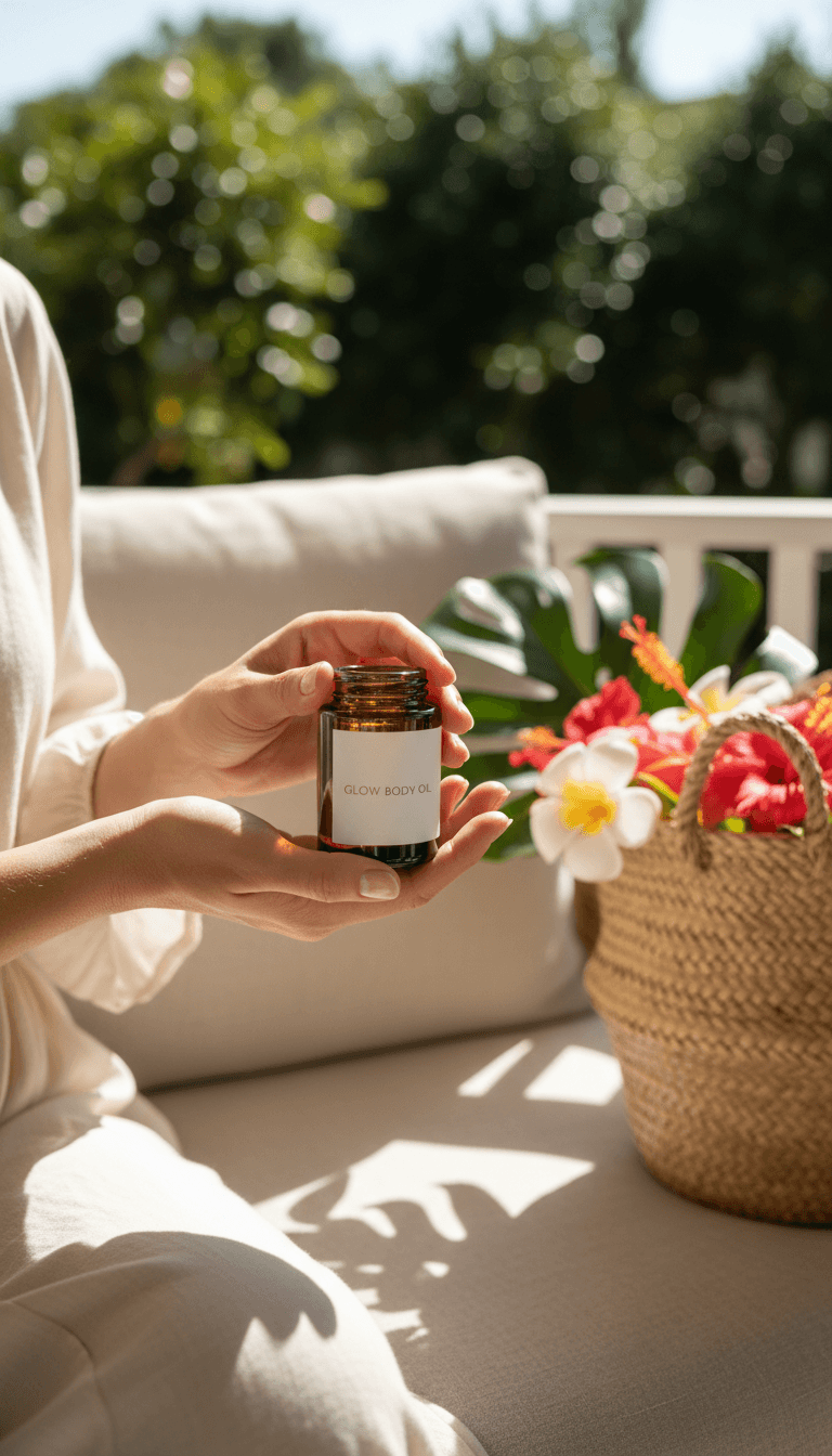 Hands holding natural body oil jar