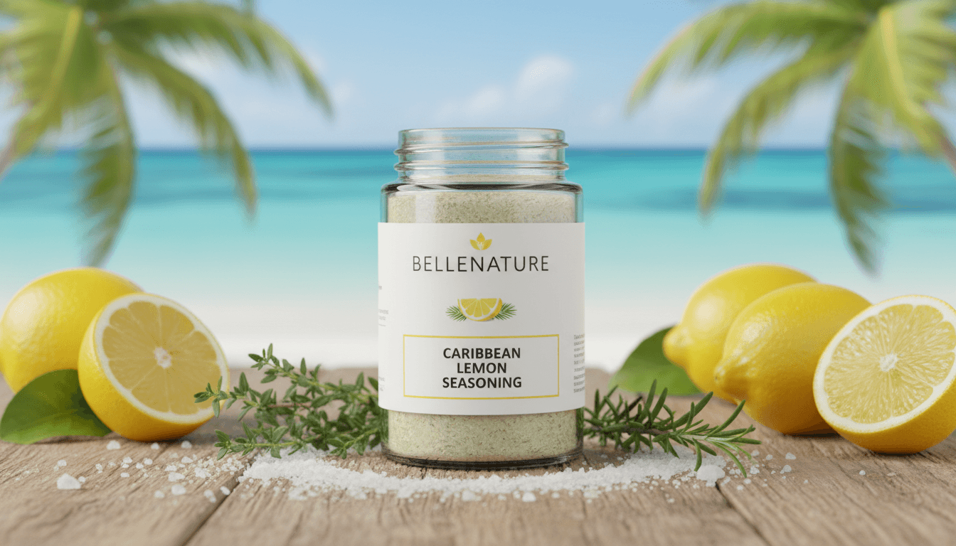 Lemon seasoning jar with fresh lemons and herbs in a tropical setting.