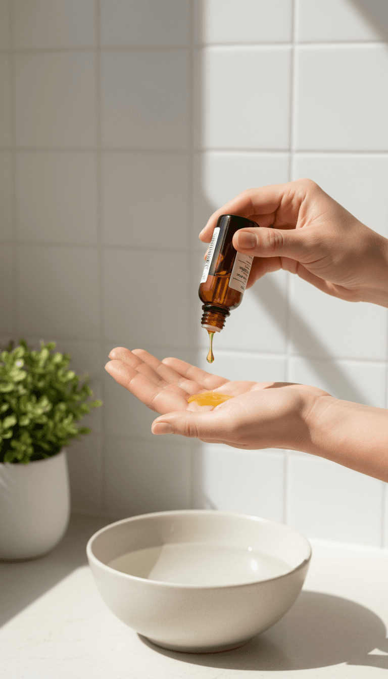 Pouring natural oil into palm from dropper bottle