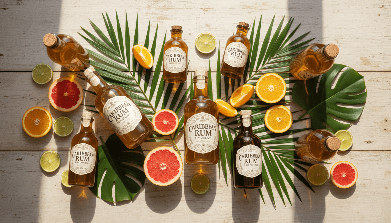Curated collection of amber glass bottles and Caribbean rum creams arranged on a wooden table