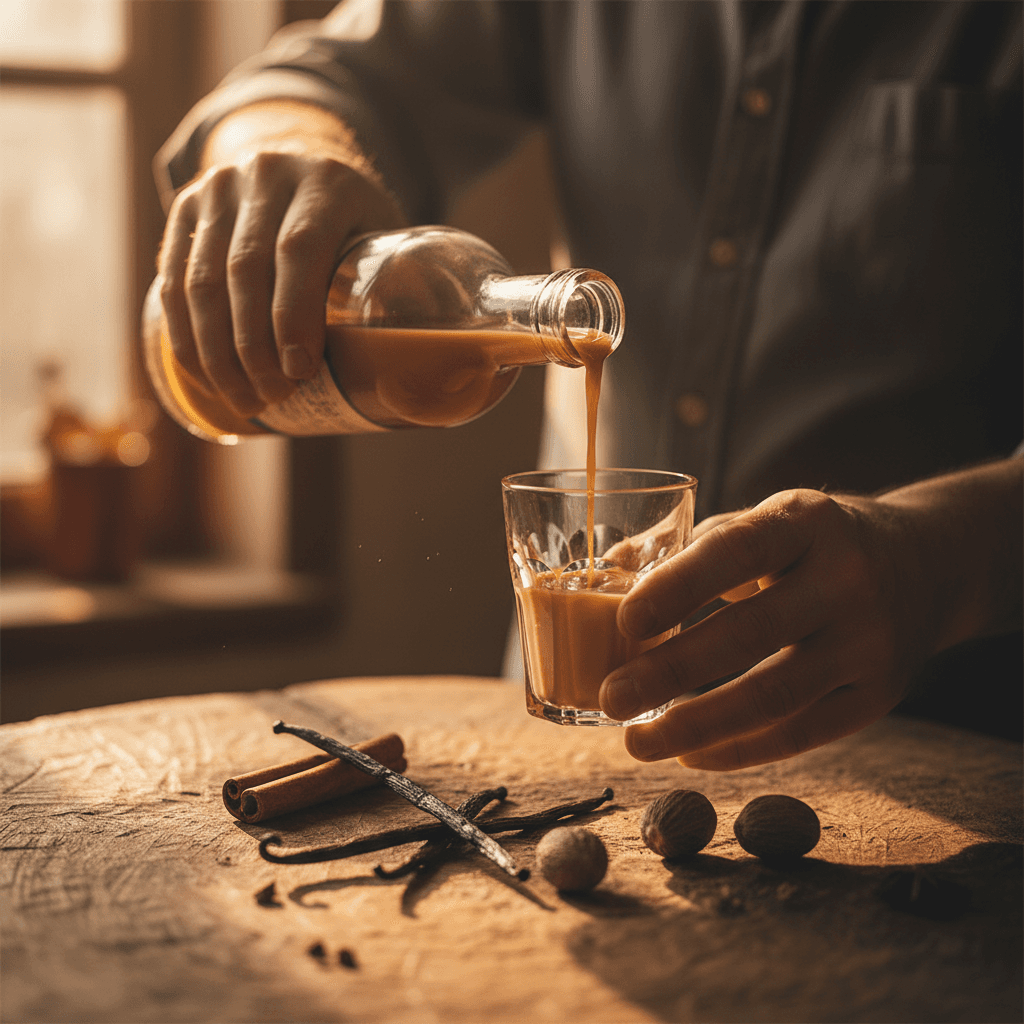 Hands pouring golden cream liqueur from a glass bottle into a small glass on a rustic wooden table
