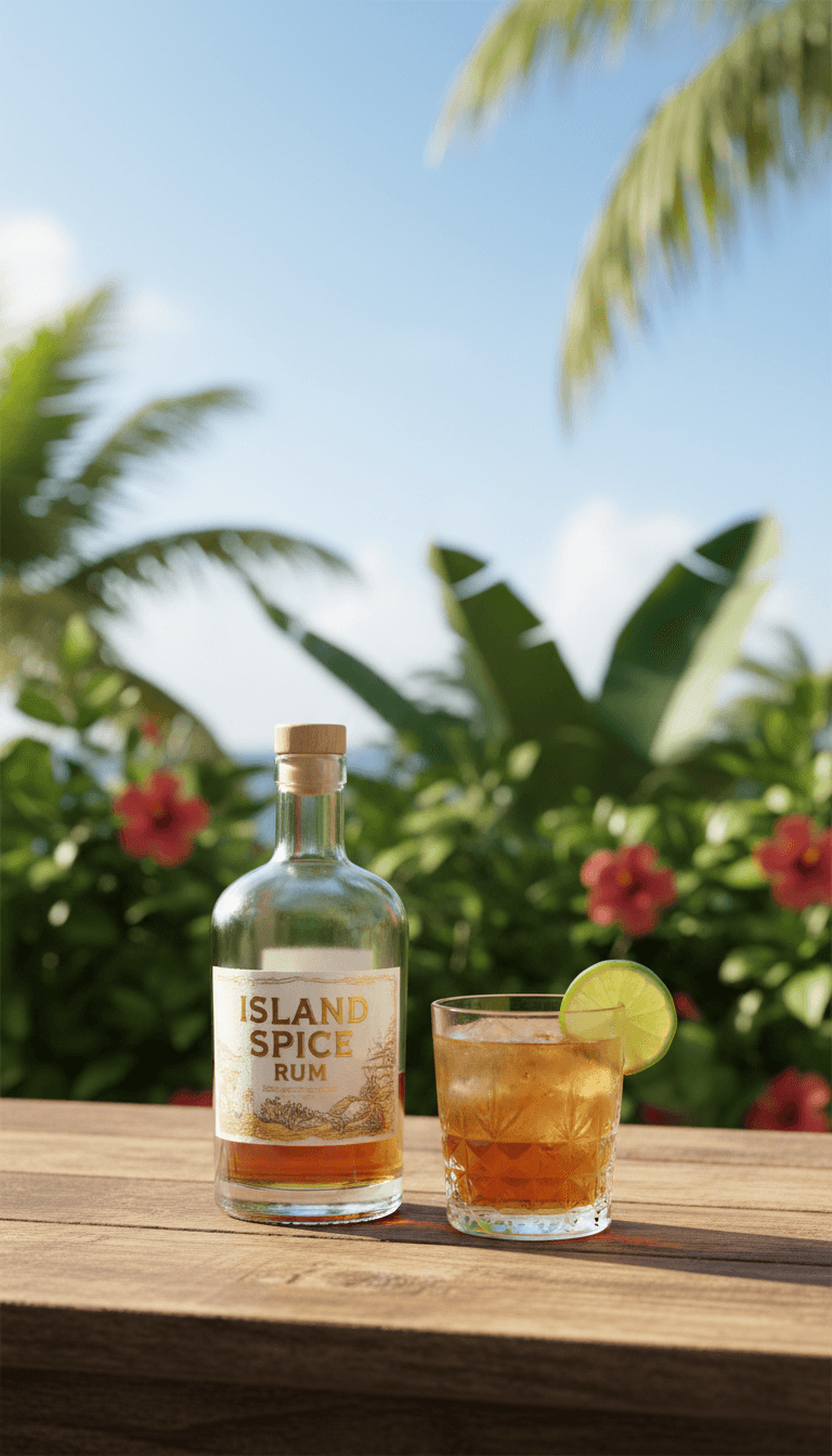 Island spiced rum bottle with mixed drink and lime