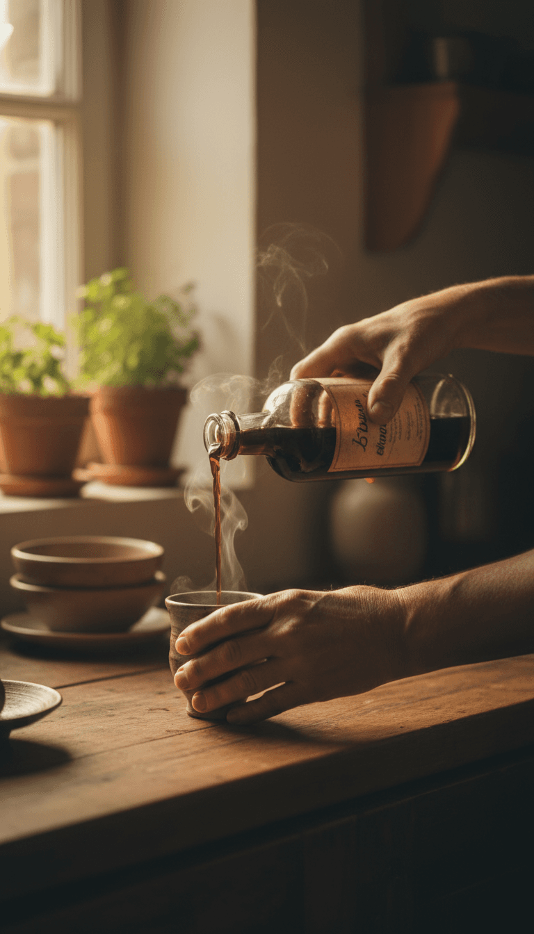 Pouring drink from bottle into ceramic cup