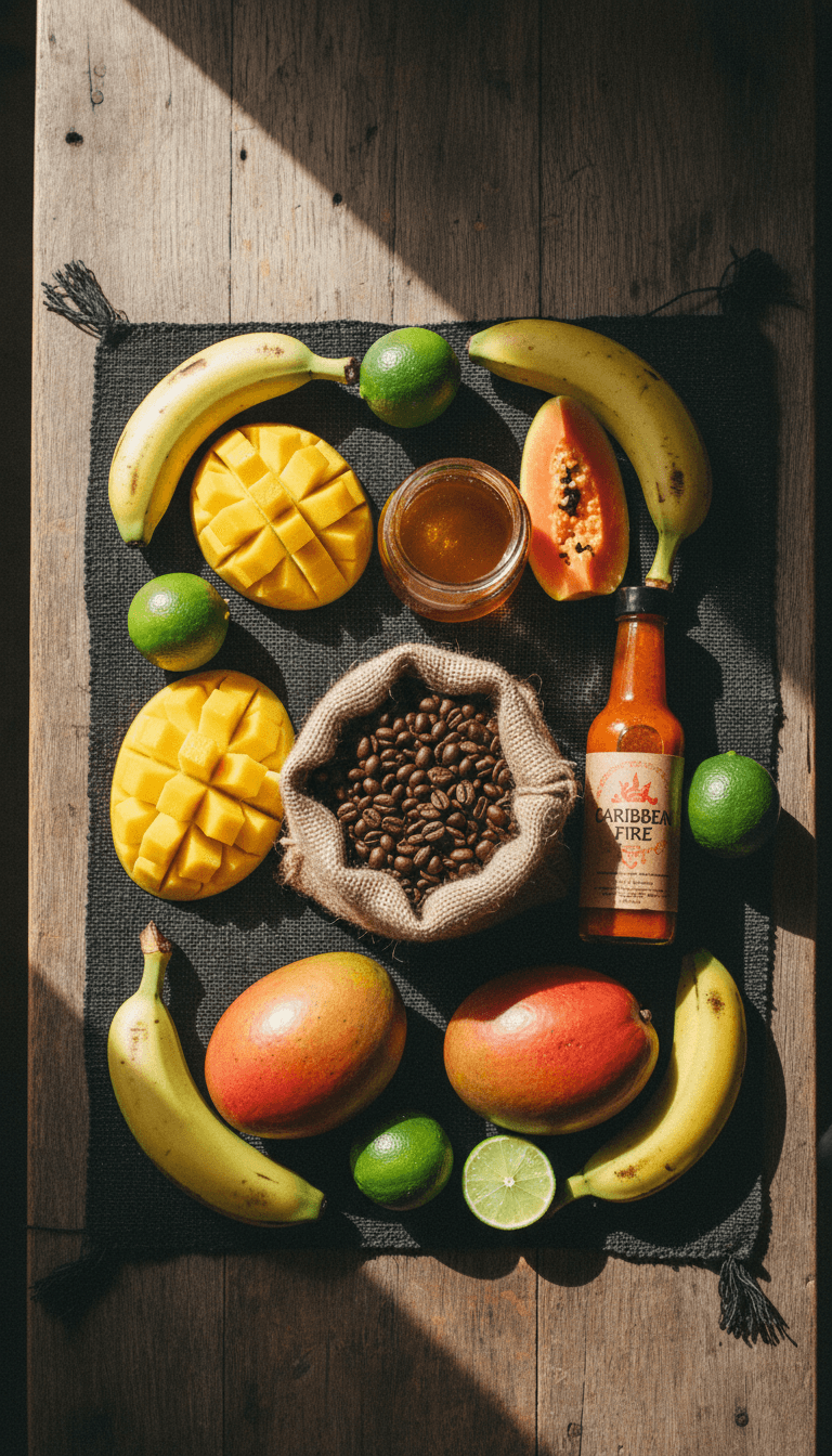 Flat lay of Caribbean pantry staples