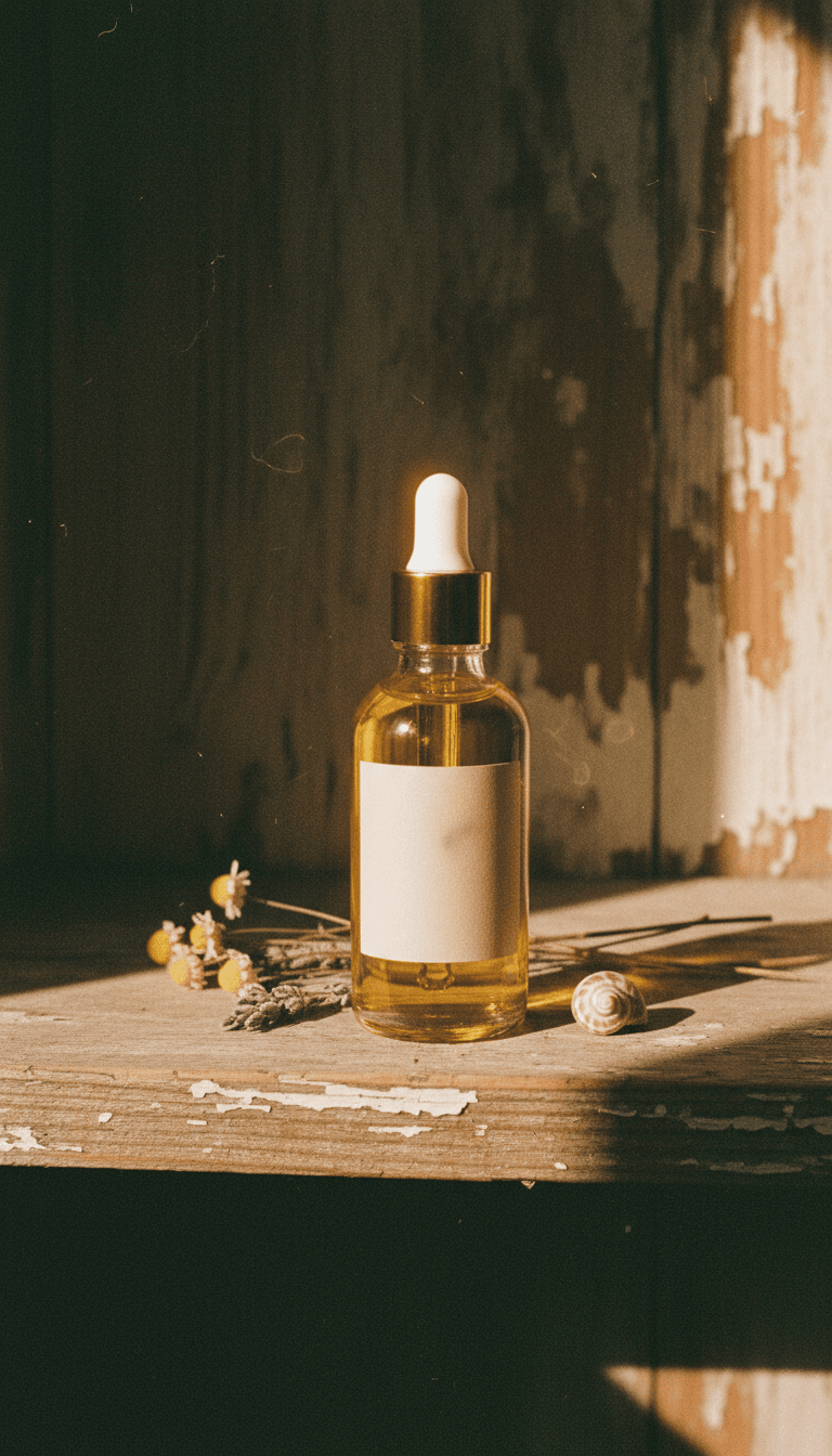 Natural body oil bottle with dried flowers