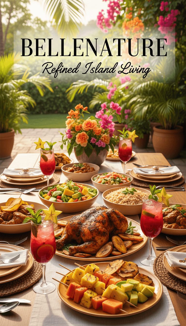 Table with vibrant Caribbean dishes, beverages, and tropical decor