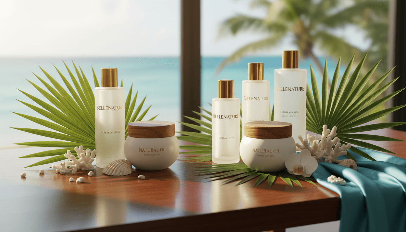 Caribbean crema bottles and natural oil jars artfully arranged on a wooden table