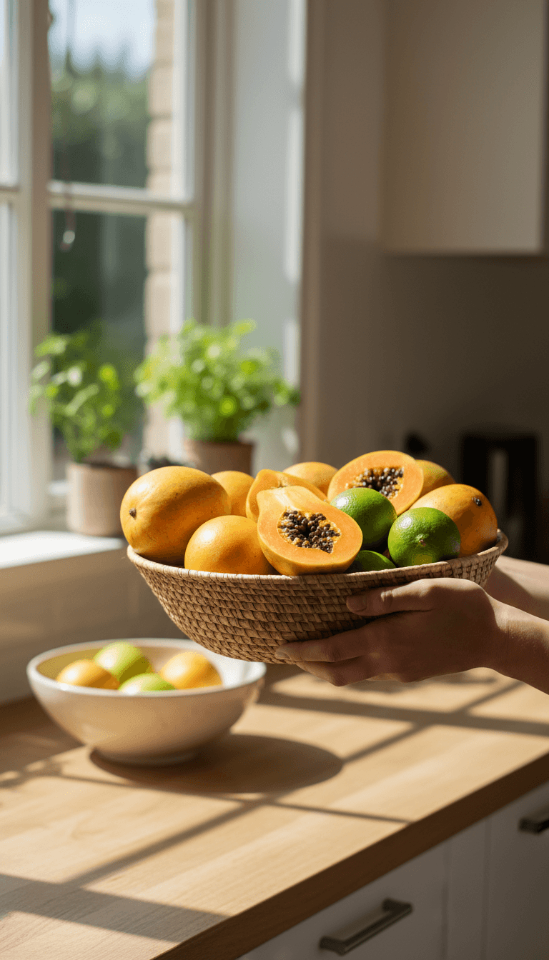 Hands holding a basket of tropical fruits