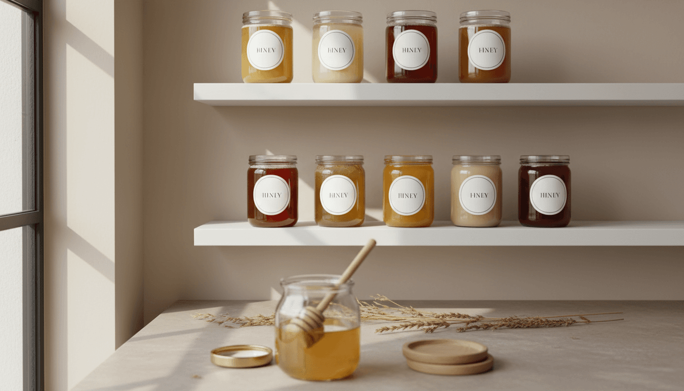 Shelf display with crema, honey, and natural oil bottles