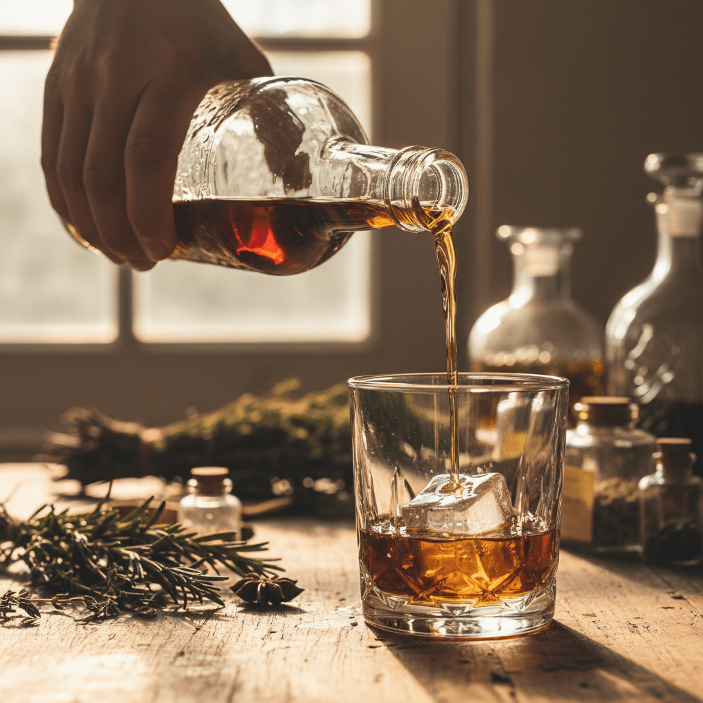 Glass bottle of golden crema liqueur with sugar cane and nutmeg