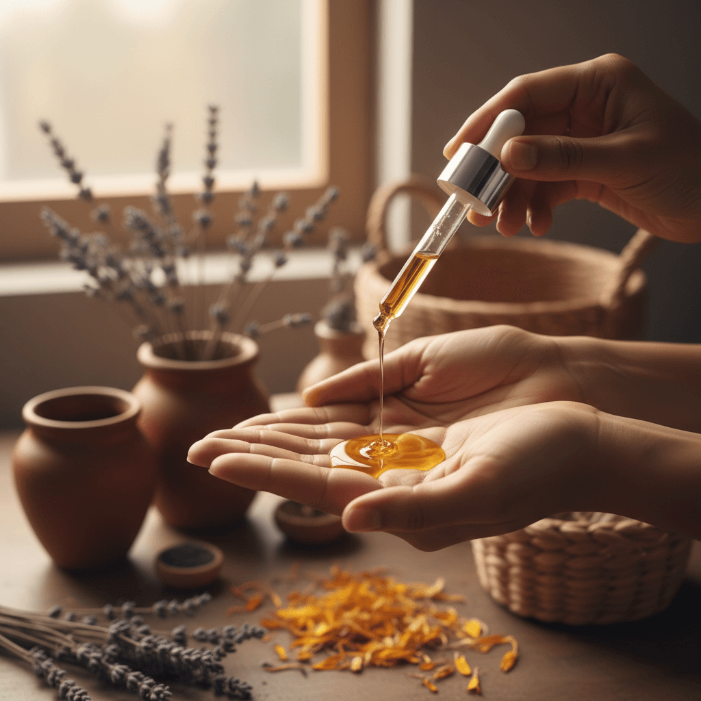 Golden oil dripping from glass dropper onto open hands in natural window light, showcasing application and product texture