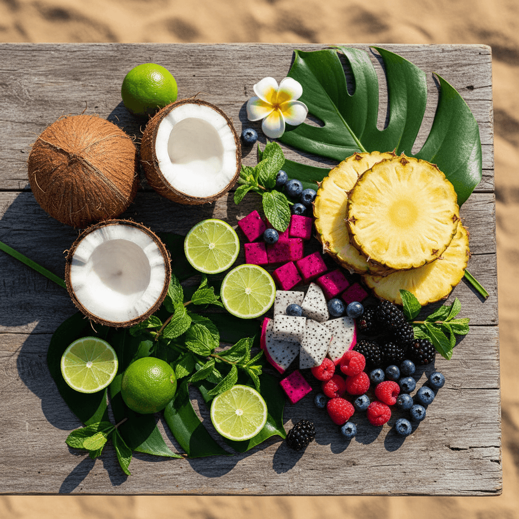 Fresh tropical ingredients including coconuts, limes, pineapple, dragon fruit, and berries artfully arranged on wooden surface