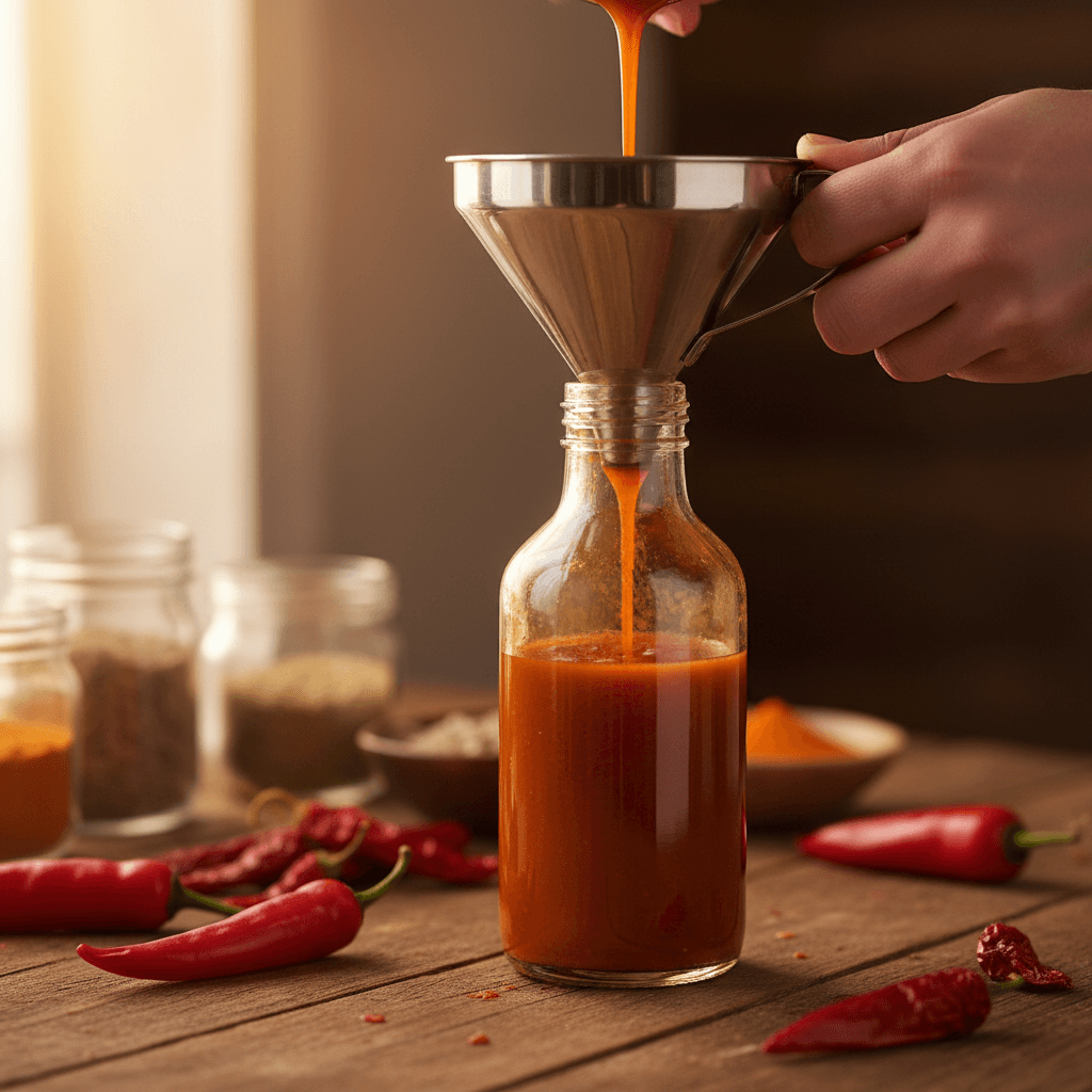 Pouring hot pepper sauce into a small dish
