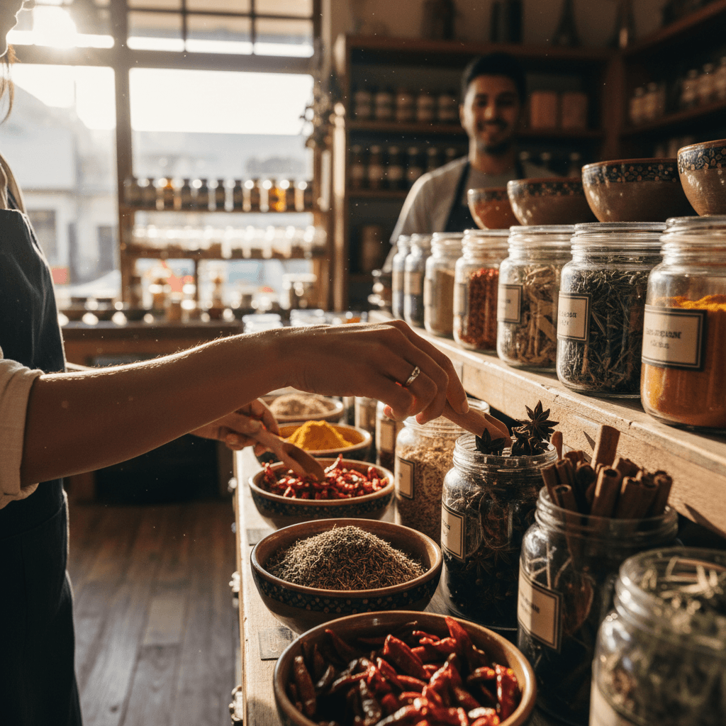Customer's hand selecting glass jar of dried herbs from organized spice shelf in warm-lit specialty shop
