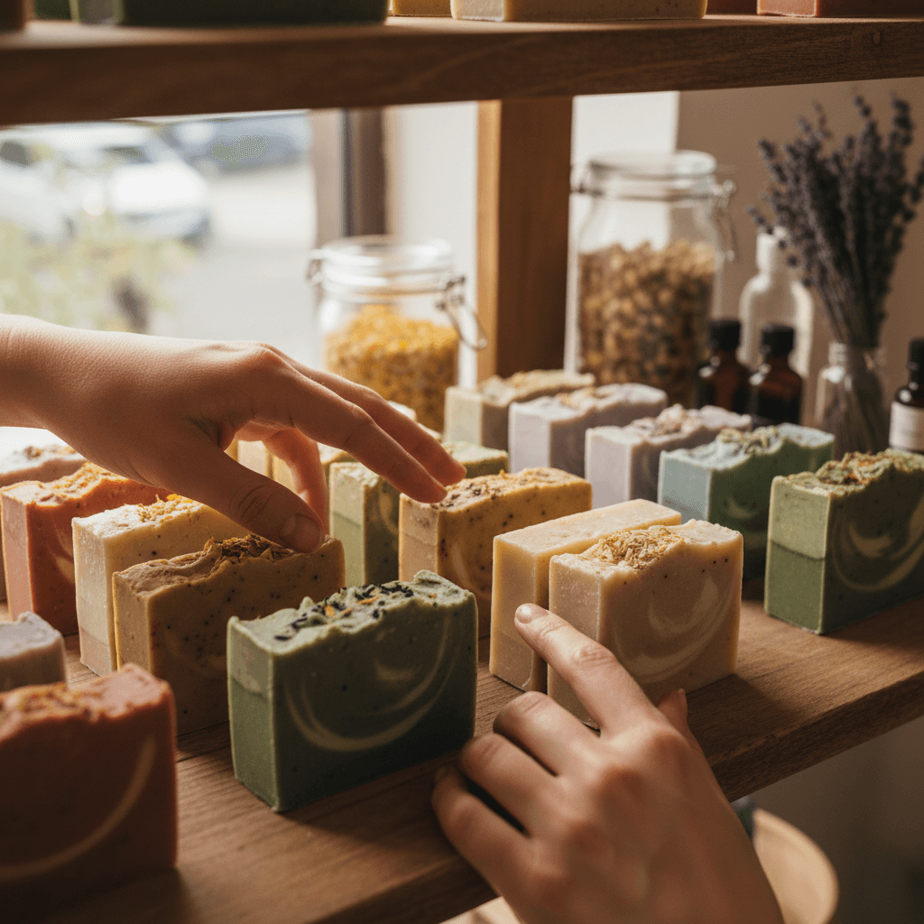 Overhead flat lay of body butter, soap, and dried botanicals