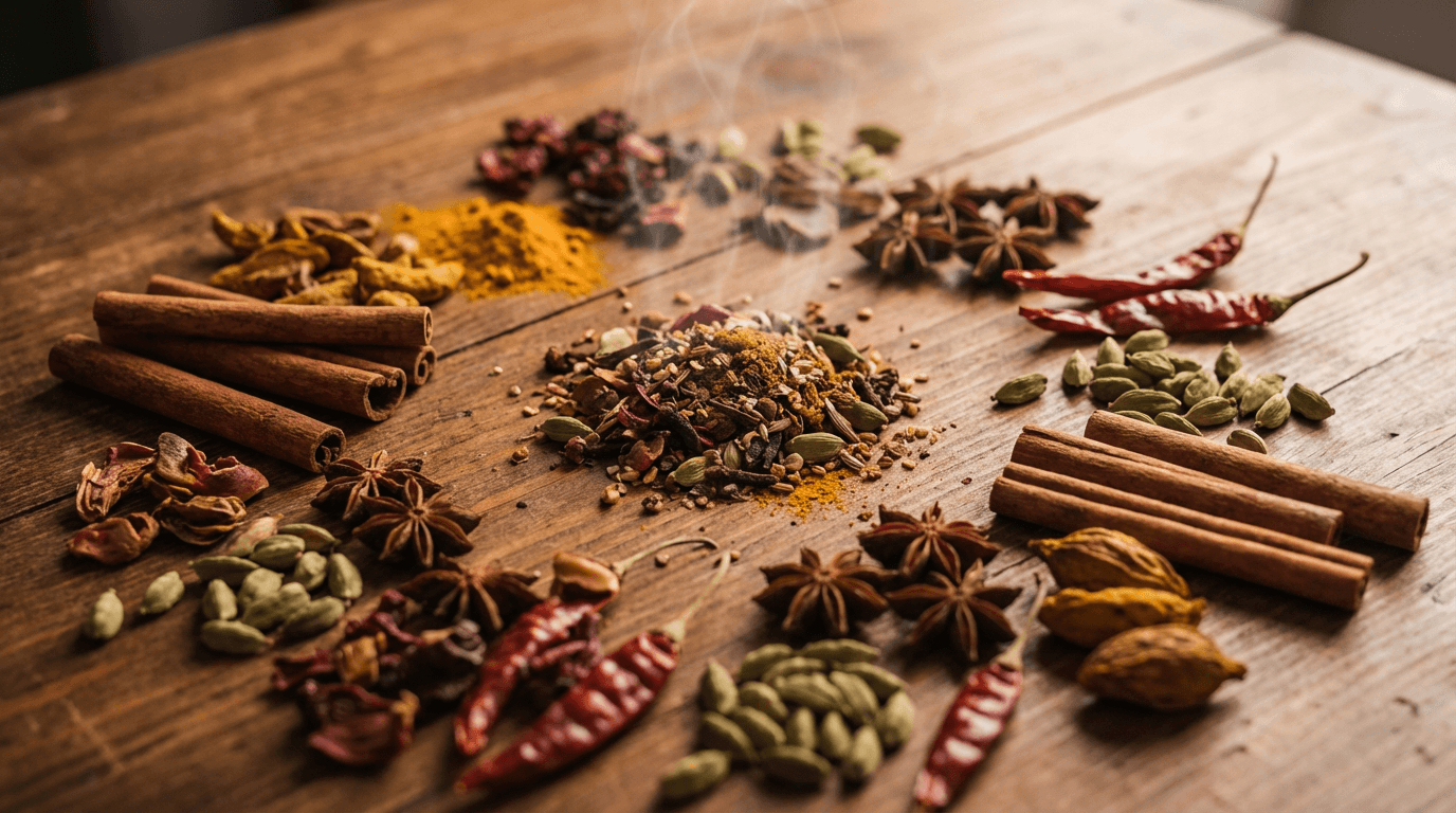 Overhead arrangement of aromatic spices including cinnamon, star anise, and cardamom on wooden surface with warm golden lighting.