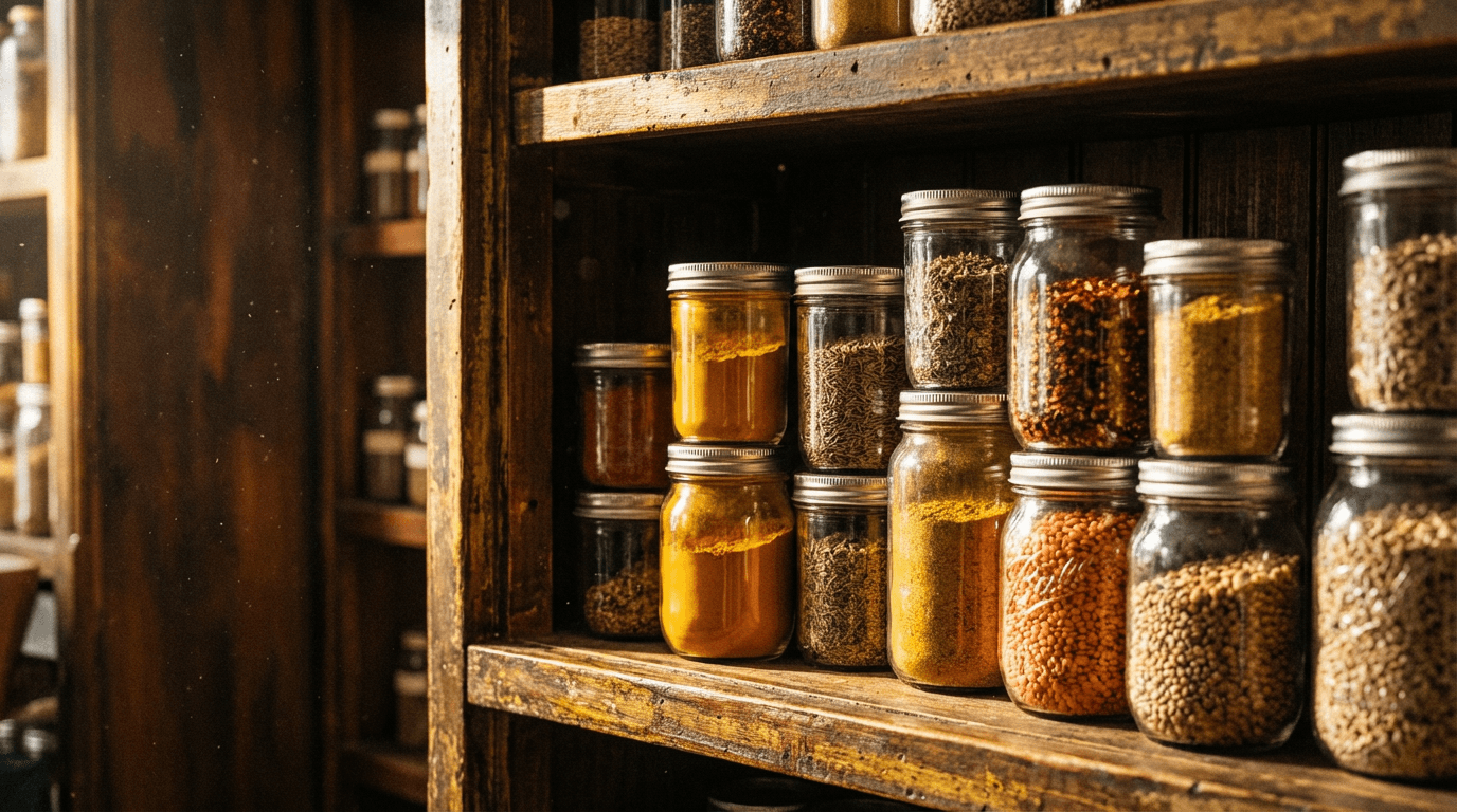 Vintage glass jars of spices and pantry staples on wooden shelves with warm dramatic window light and atmospheric ambiance.