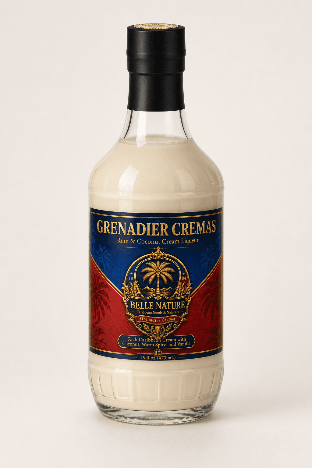 Bottle of Grenadier Cremas, a rich Caribbean rum and coconut cream liqueur with tropical label.