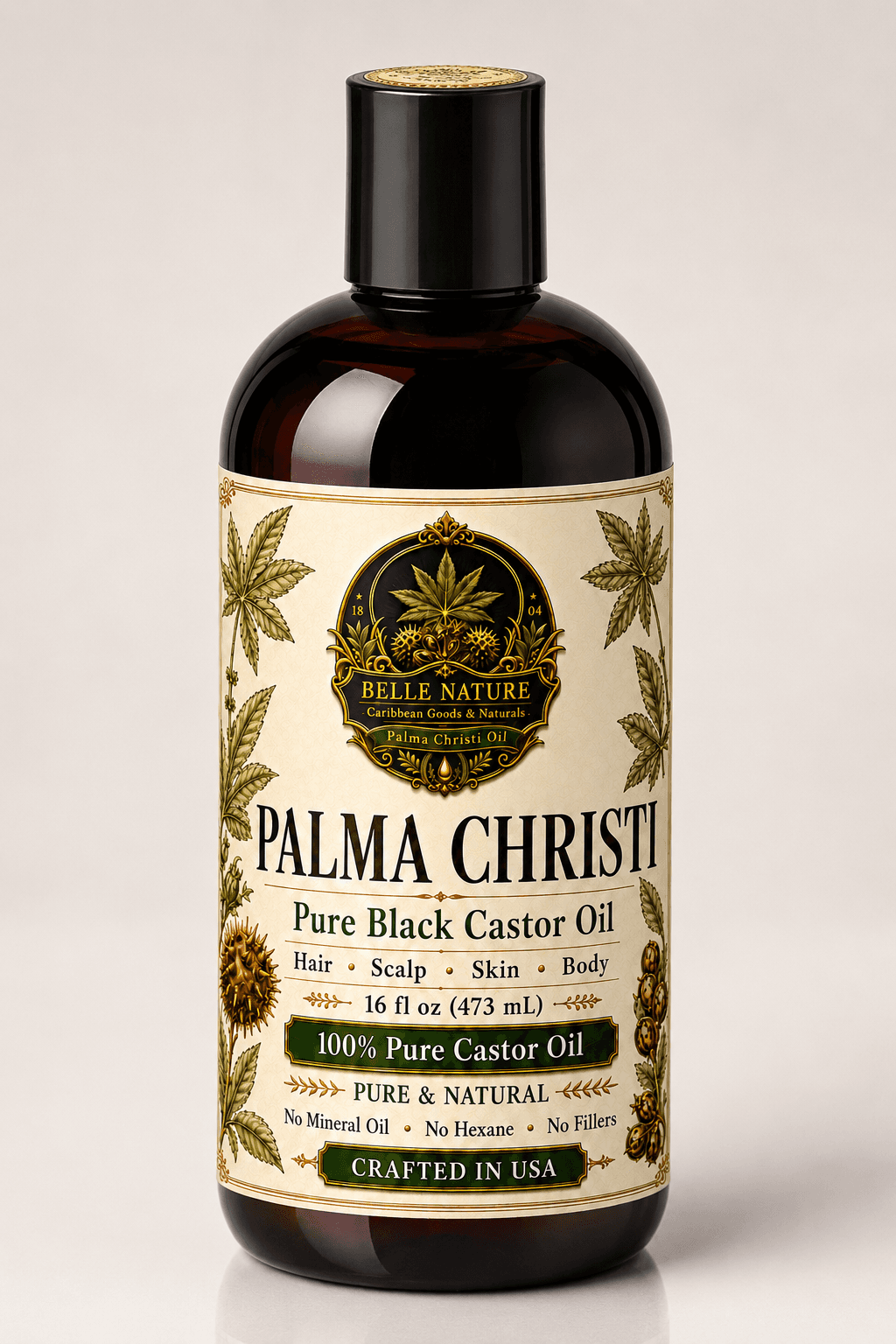 Belle Nature Palma Christi Pure Black Castor Oil bottle with cream label and botanical illustrations.