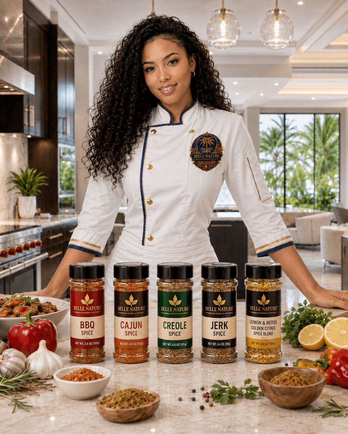 Female chef posing behind five Belle Nature spice jars and fresh kitchen ingredients.