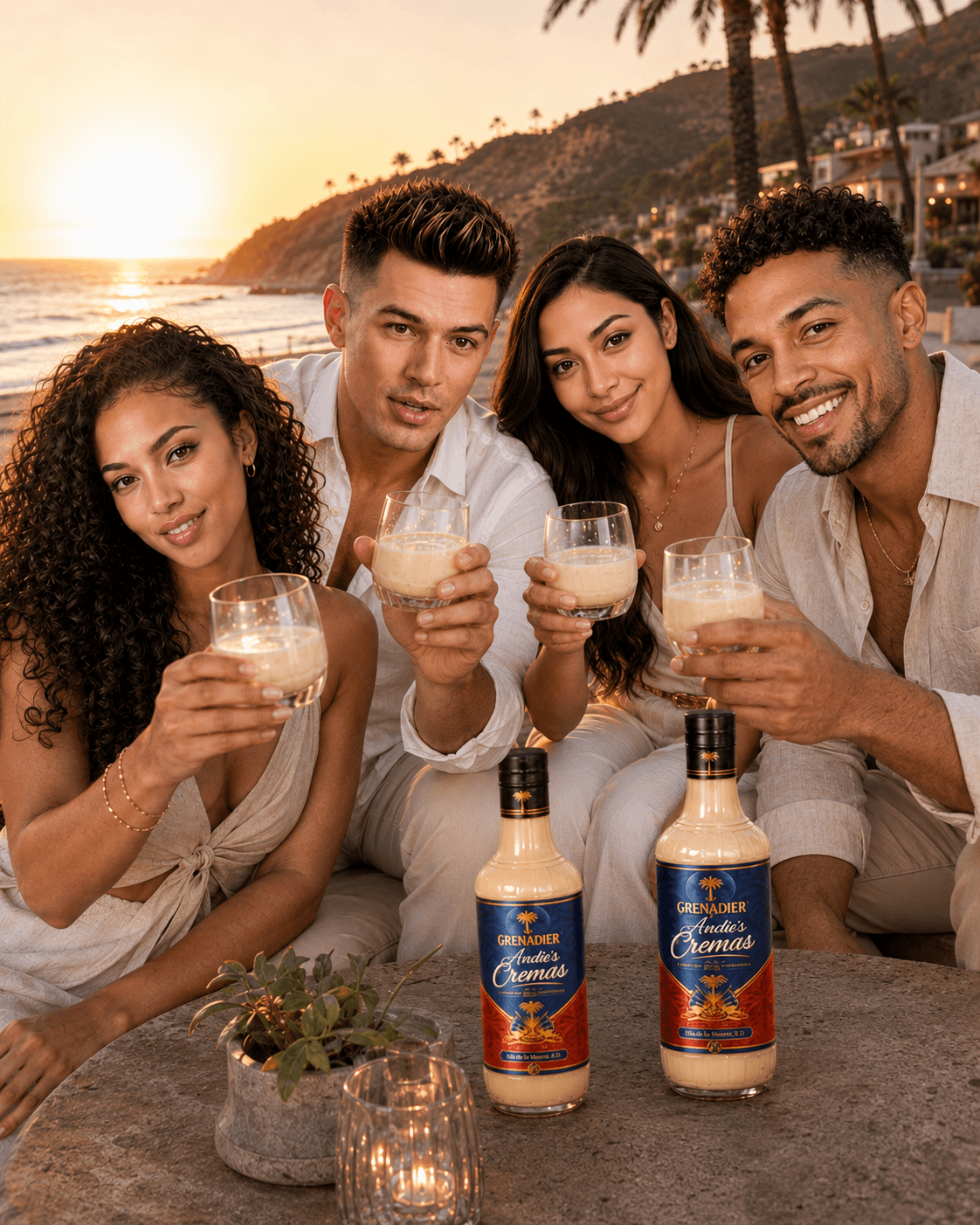 Four friends toast with creamy drinks at a beach sunset beside Grenadier Andie's Cremas bottles.