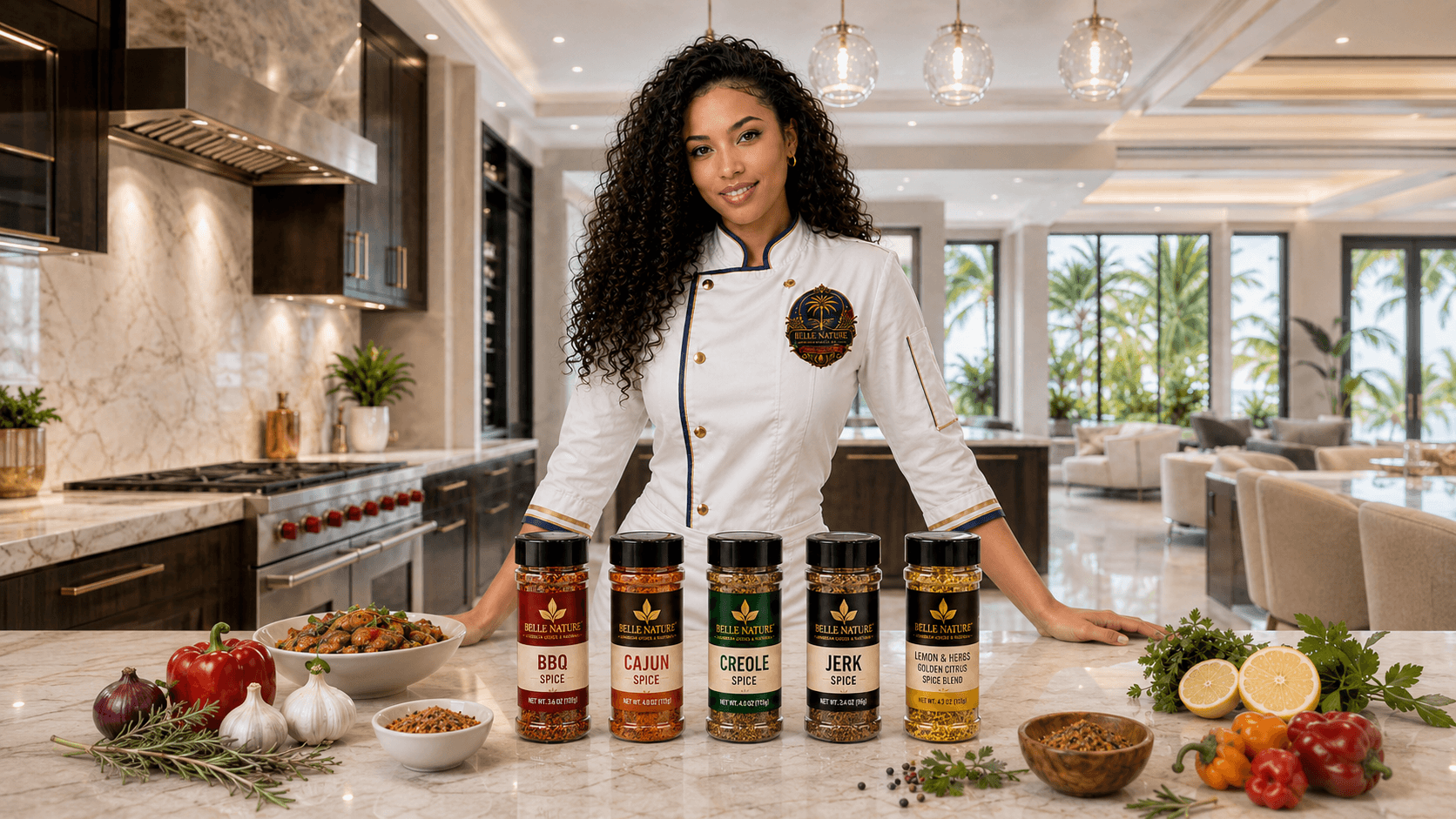 Smiling chef with curly hair stands behind five spice jars on a marble counter.