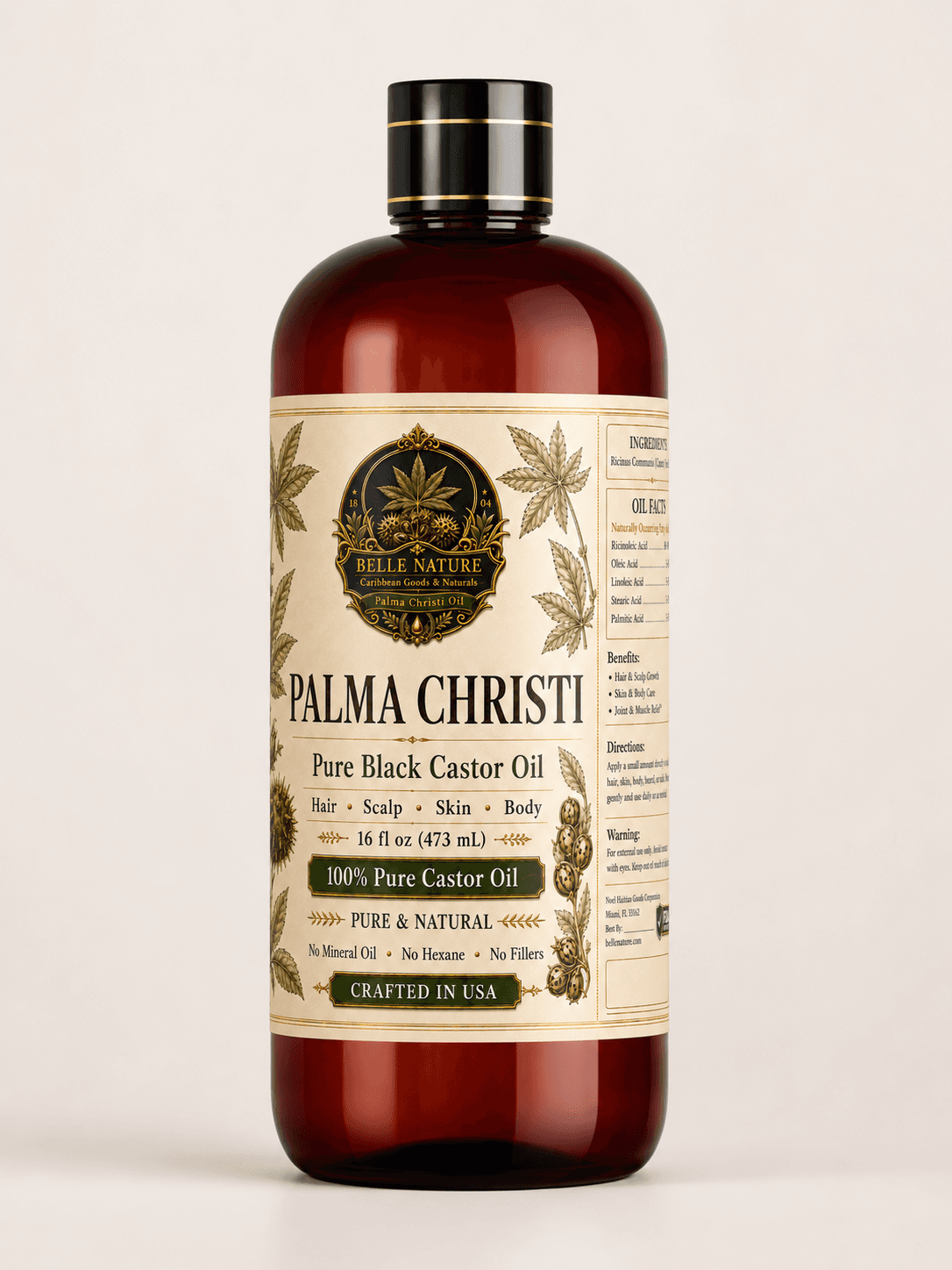 Belle Nature Palma Christi Pure Black Castor Oil bottle featuring a vintage botanical label.