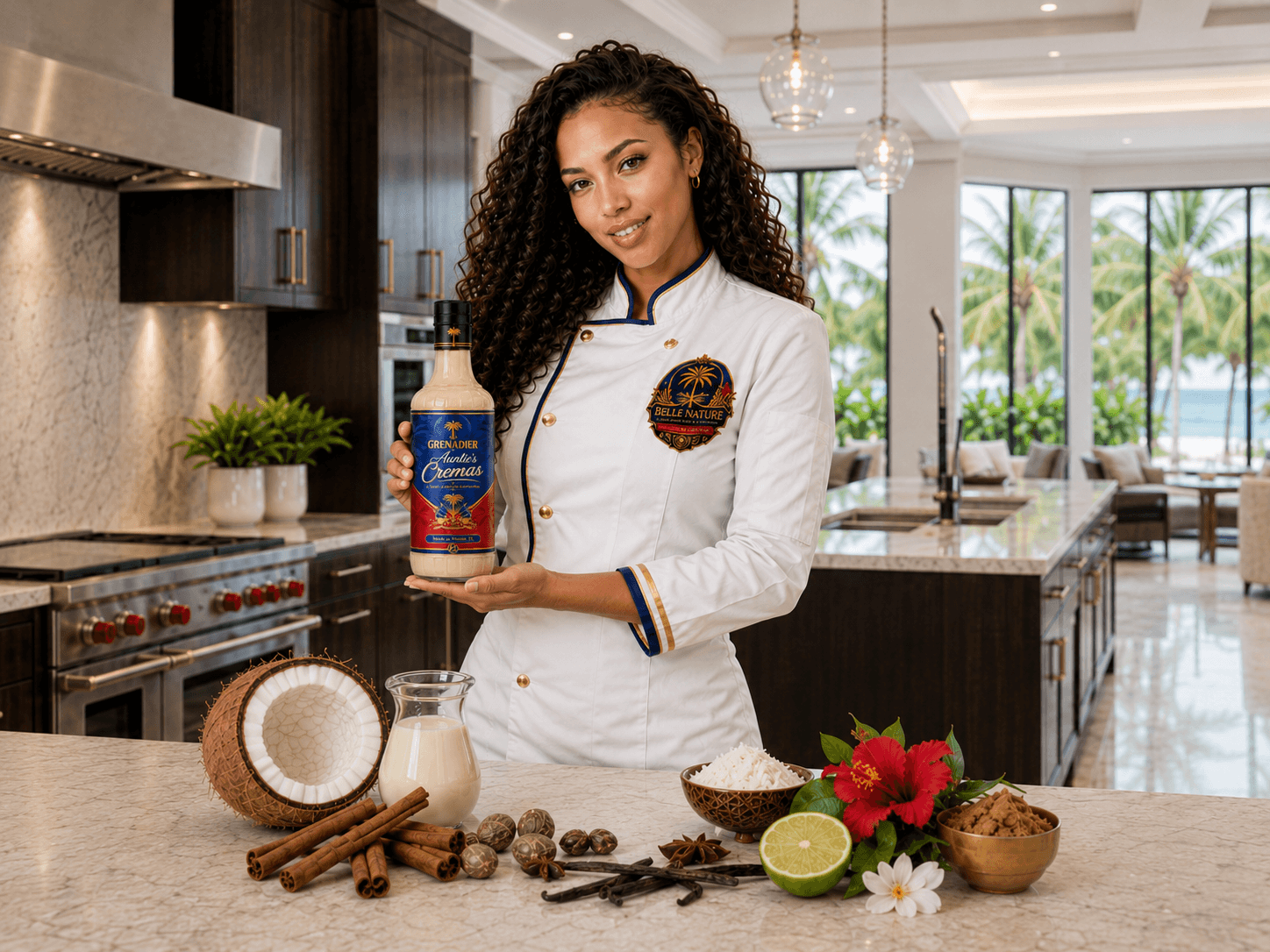 Chef holds Auntie's Cremas liqueur bottle behind a counter of coconut, spices, and tropical flowers.
