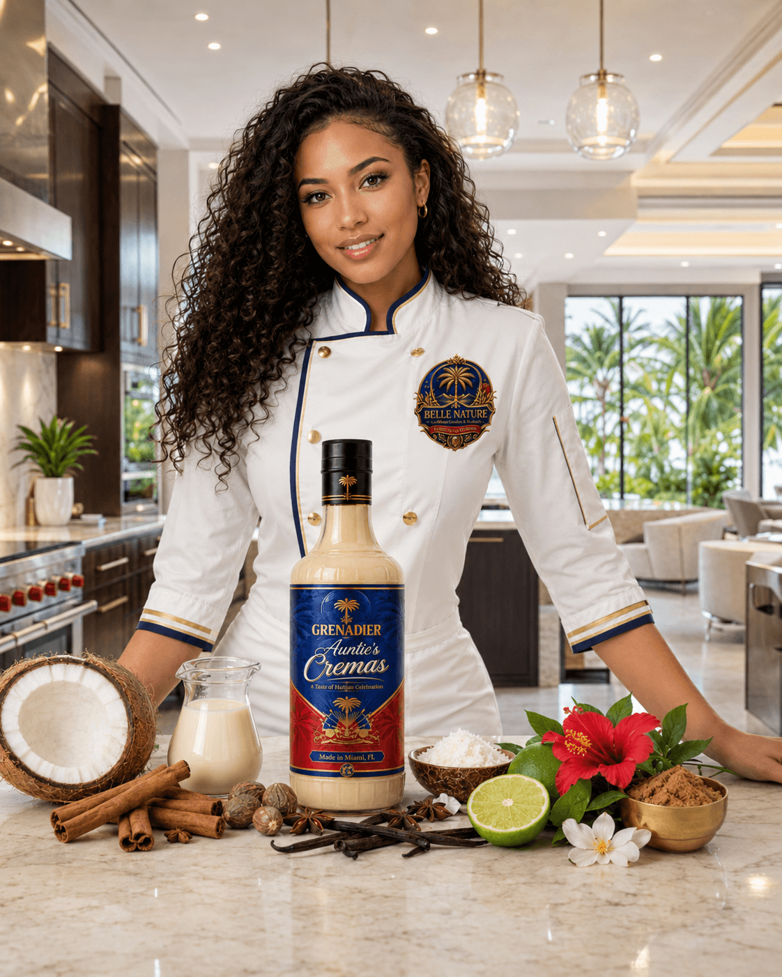 A chef in a white coat poses with Grenadier Auntie's Cremas and tropical ingredients.