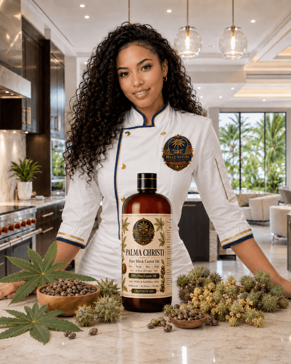 Woman with curly hair in a chef's coat posing with Palma Christi black castor oil.