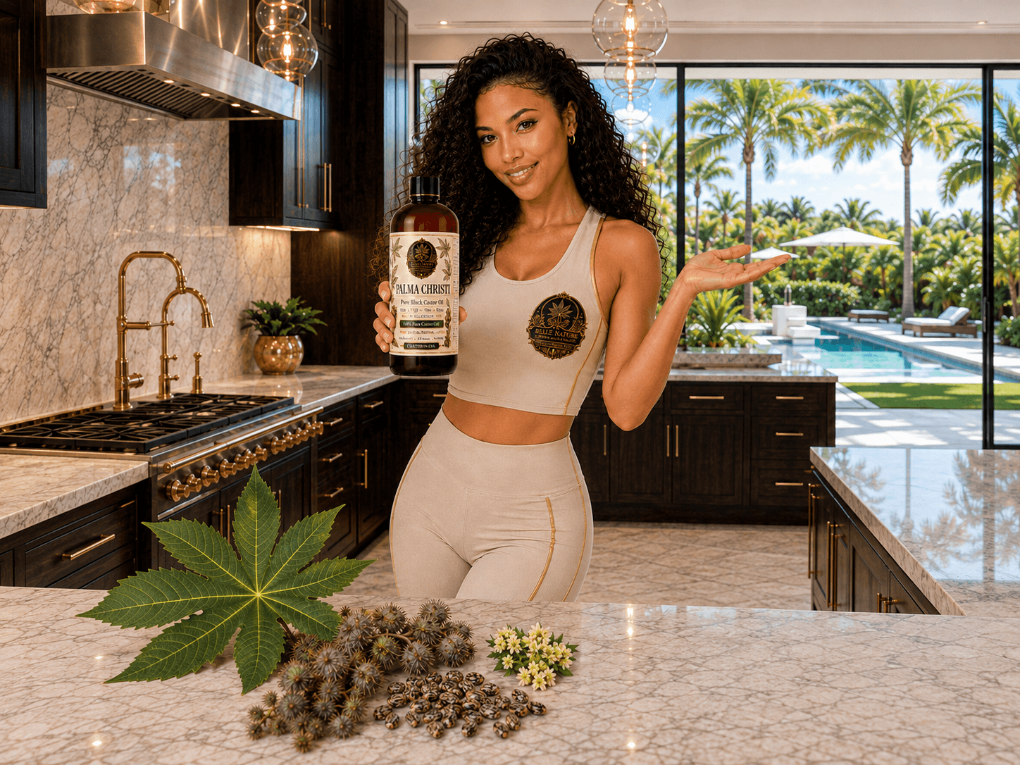 Woman holding castor oil bottle in a luxury kitchen with castor beans and leaves.
