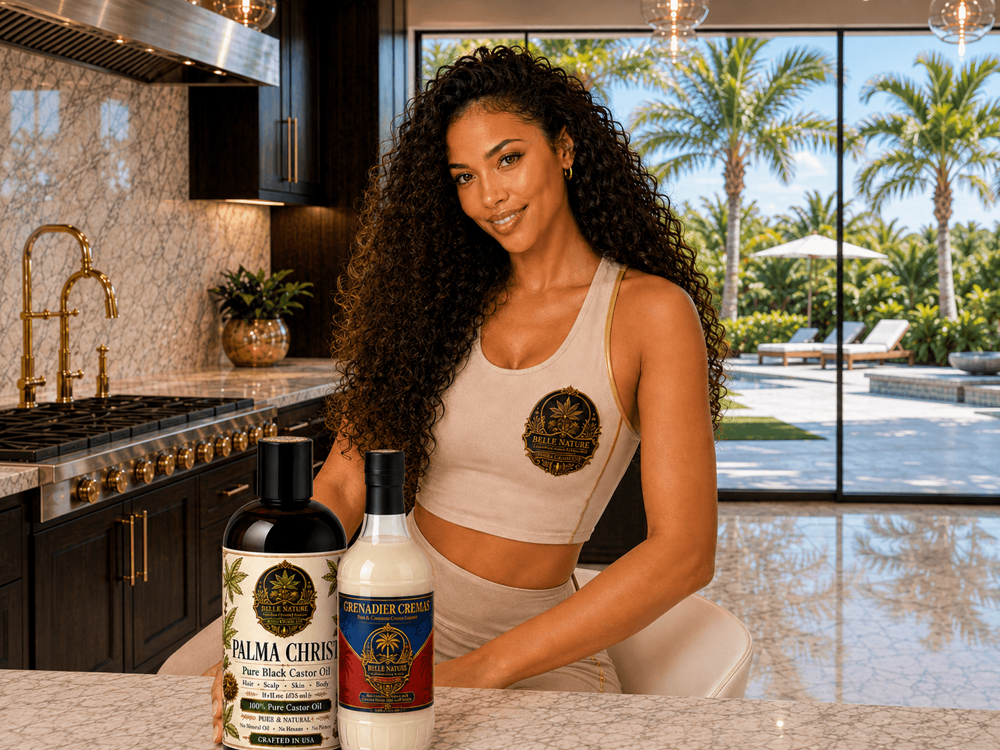 Smiling woman with long curly hair posing with Belle Nature castor oil and cremas.